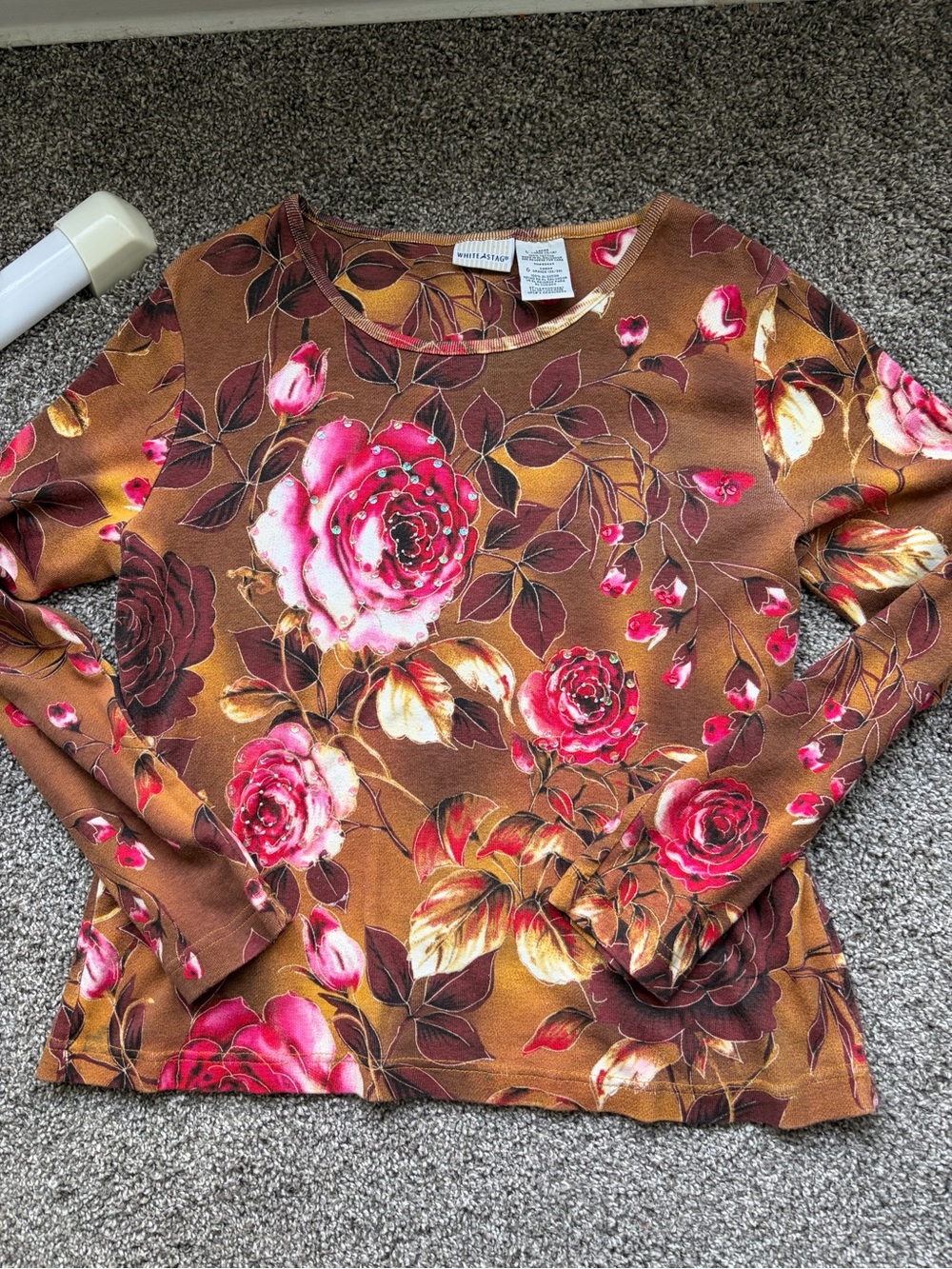 White Stag Brown Long-Sleeve Floral Top with Pink Roses